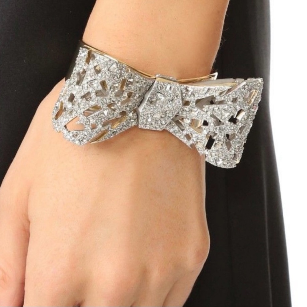 ALEXIS BITTAR • Silver Gold Lacey Crystal Mosaic Ribbon Bow Cuff Bracelet